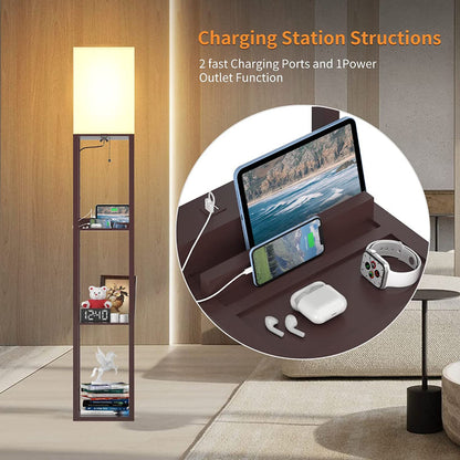 Floor Lamp With Shelves, Shelf Floor Lamps By Real Solid Wood With 2 Charging Ports And 1 Power Outlet, Floor Lamps For Bedrooms, Lamps For Living Room
