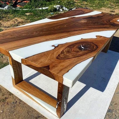 White Solid Wood Epoxy Table