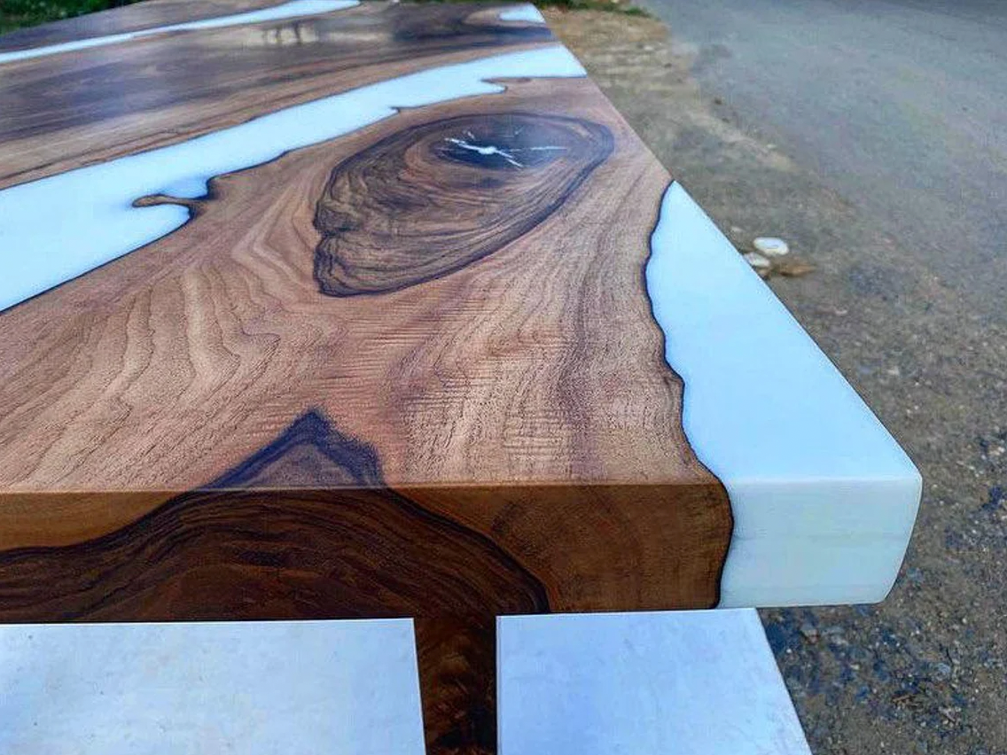 White Solid Wood Epoxy Table