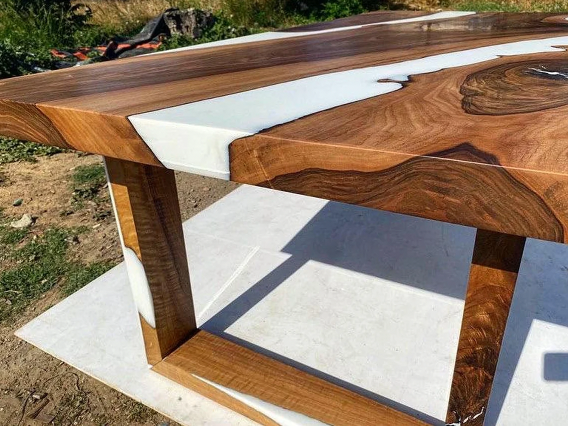 White Solid Wood Epoxy Table