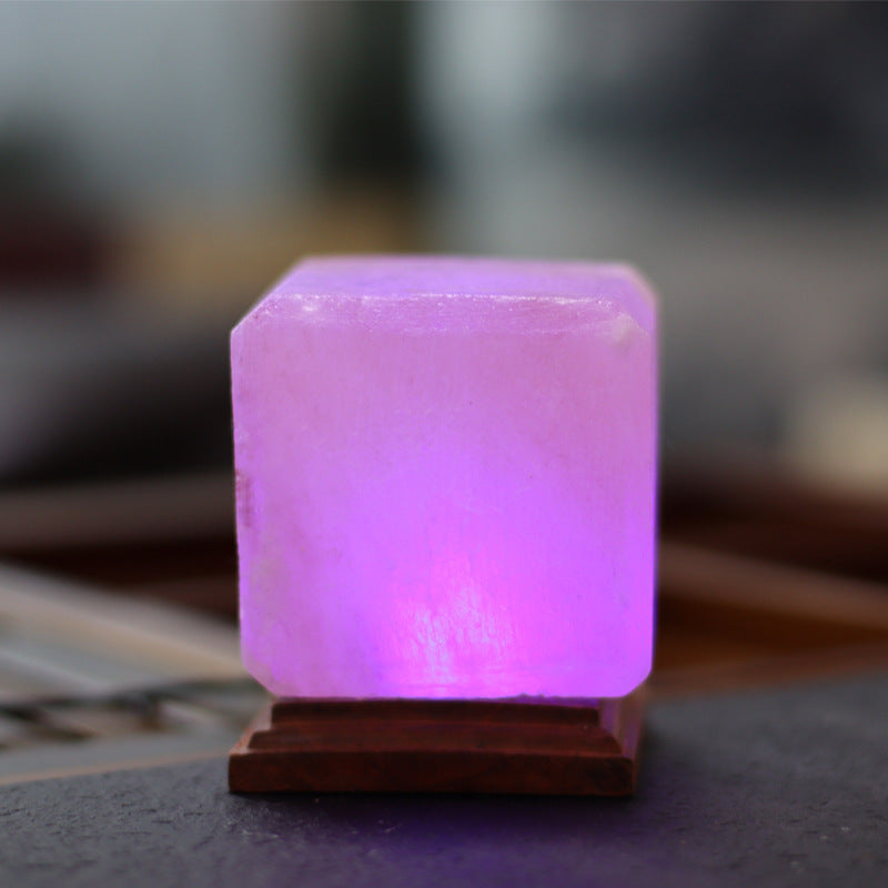 Cube Himalayan Salt Lamp With Wooden Base