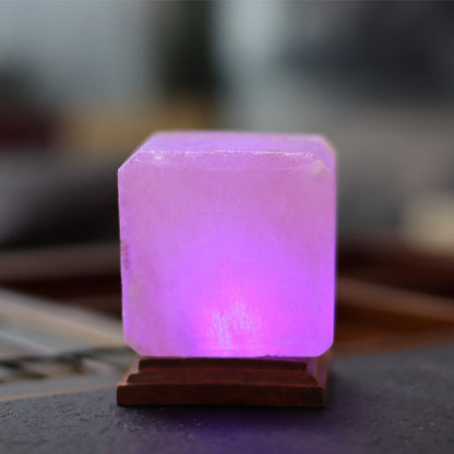 Cube Himalayan Salt Lamp With Wooden Base