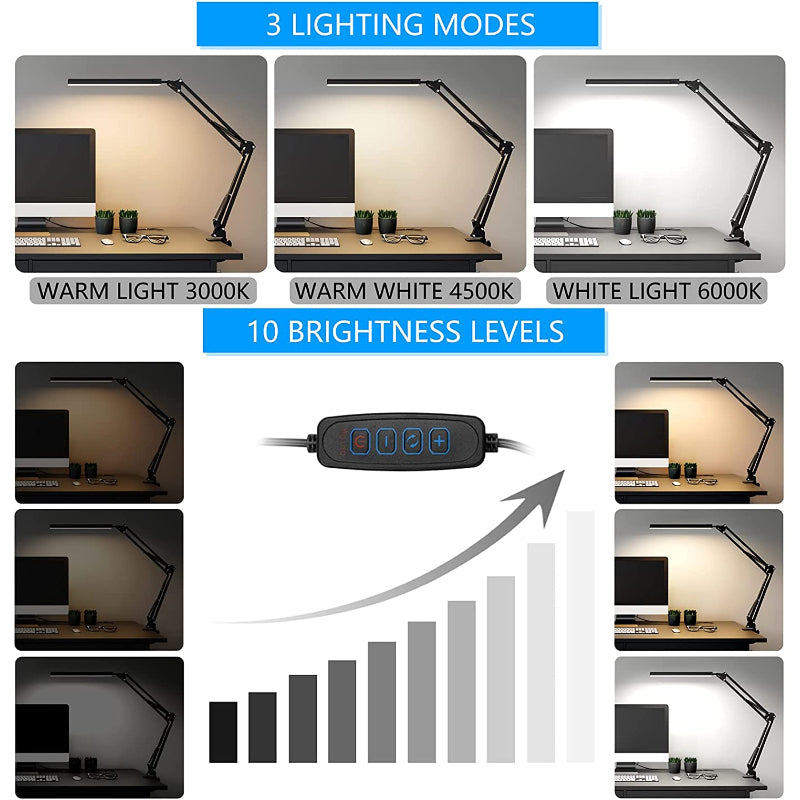 LED Desk Lamp, Swing Arm Desk Light With Clamp, 3 Lighting 10 Brightness Eye-Caring Modes, Reading Desk Lamps For Home Office 360 Degree Spin With USB Adapter & Memory Function