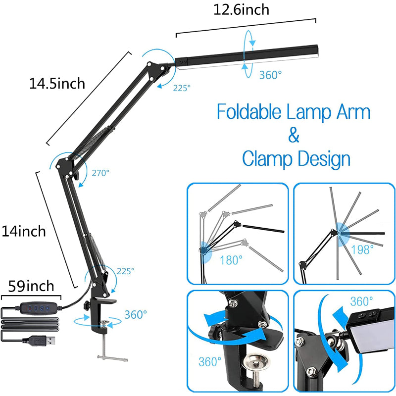 LED Desk Lamp, Swing Arm Desk Light With Clamp, 3 Lighting 10 Brightness Eye-Caring Modes, Reading Desk Lamps For Home Office 360 Degree Spin With USB Adapter & Memory Function