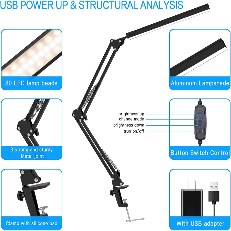 LED Desk Lamp, Swing Arm Desk Light With Clamp, 3 Lighting 10 Brightness Eye-Caring Modes, Reading Desk Lamps For Home Office 360 Degree Spin With USB Adapter & Memory Function