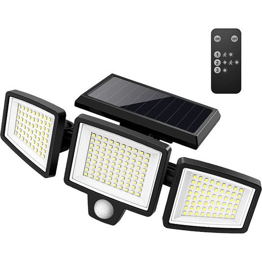 Solar Outdoor Lights 2500LM 210 LED Security Lights with Remote Control,3 Heads Motion Sensor Lights, IP65 Waterproof,270° Wide Angle Flood Wall Lights with 3 Modes