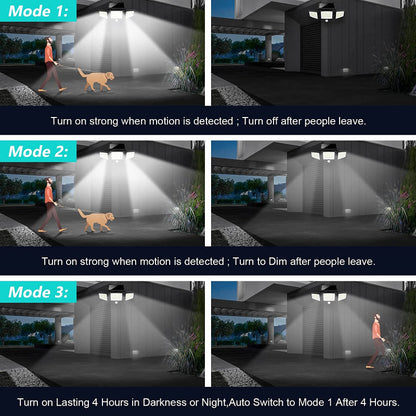 Solar Outdoor Lights 2500LM 210 LED Security Lights with Remote Control,3 Heads Motion Sensor Lights, IP65 Waterproof,270° Wide Angle Flood Wall Lights with 3 Modes