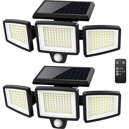 Solar Outdoor Lights 2500LM 210 LED Security Lights with Remote Control,3 Heads Motion Sensor Lights, IP65 Waterproof,270° Wide Angle Flood Wall Lights with 3 Modes