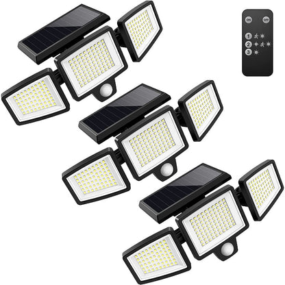 Solar Outdoor Lights 2500LM 210 LED Security Lights with Remote Control,3 Heads Motion Sensor Lights, IP65 Waterproof,270° Wide Angle Flood Wall Lights with 3 Modes