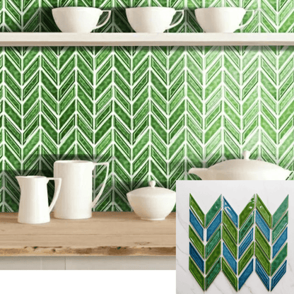 Emerald Green Blue Subway Herringbone Mosaic Tile