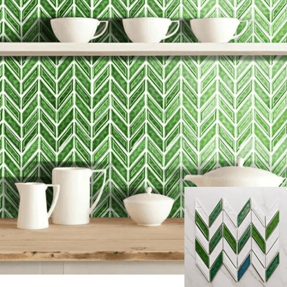 Bone White Green Herringbone Mosaic Tile