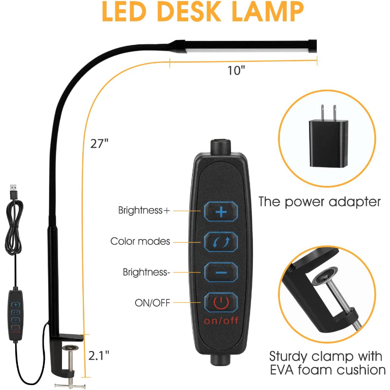 LED Desk Lamp With Lamp, Eye-Caring Clip On Lights For Home Office, 3 Modes 10 Brightness, Long Flexible Gooseneck, Metal, Swing Arm Architect Task Table Lamps With USB Adapter, White