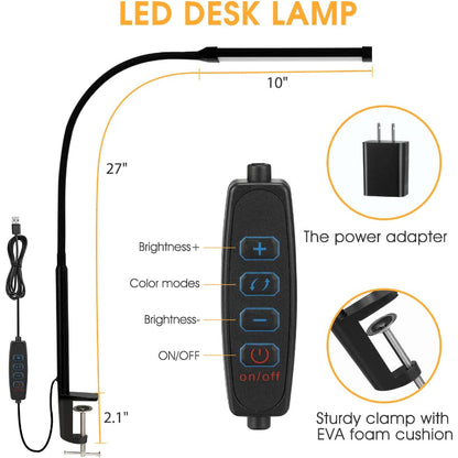 LED Desk Lamp With Lamp, Eye-Caring Clip On Lights For Home Office, 3 Modes 10 Brightness, Long Flexible Gooseneck, Metal, Swing Arm Architect Task Table Lamps With USB Adapter, White