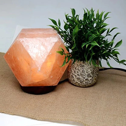 Diamond Shaped Himalayan Salt Lamp With Wooden Base