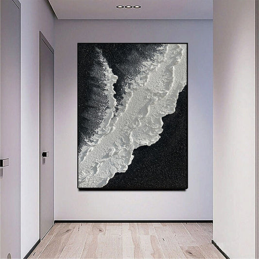 Modern Abstract Hand Painted Wall Decor Art Poster Ocean Seaside Thick Gray And Black Oil Painting Simple Design Wall Art, Unframed.