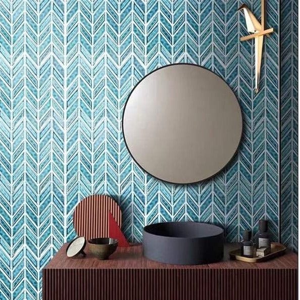 Emerald Green Blue Subway Herringbone Mosaic Tile