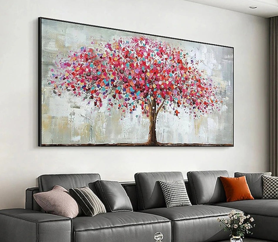 Tree Pink Abstract Hand Painted Wall Decor Art Poster Ocean Seaside Thick Gray And Black Oil Painting Simple Design Wall Art, Unframed.