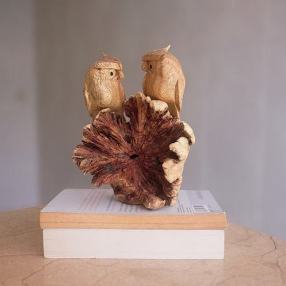 Wooden Couple Owl Sculpture