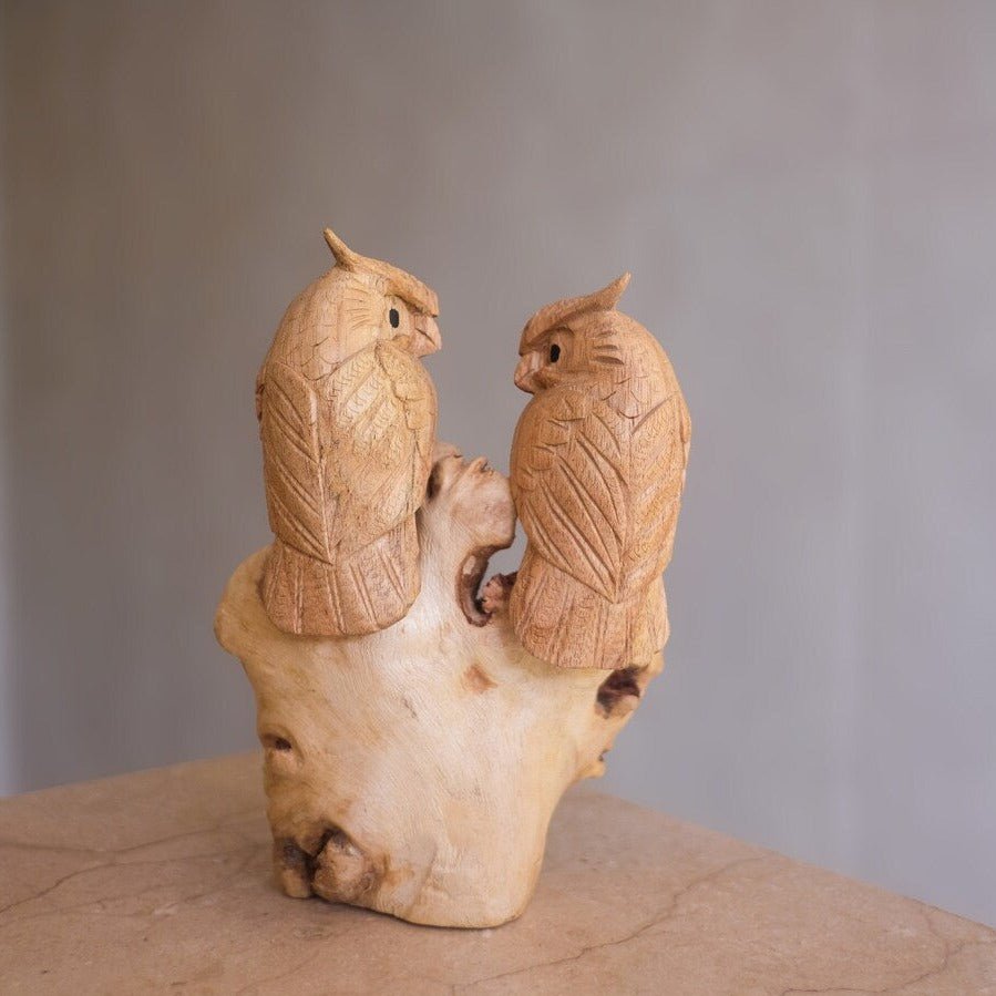 Wooden Couple Owl Sculpture