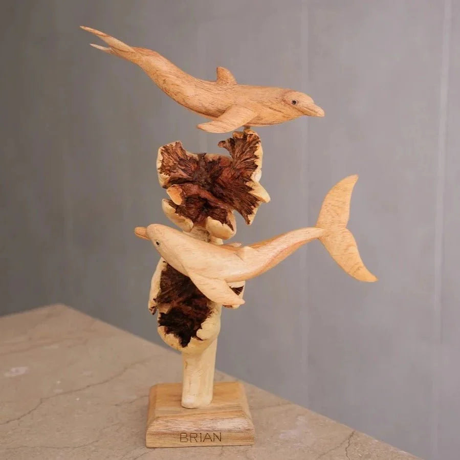 Wooden Dolphine Duo Sculpture