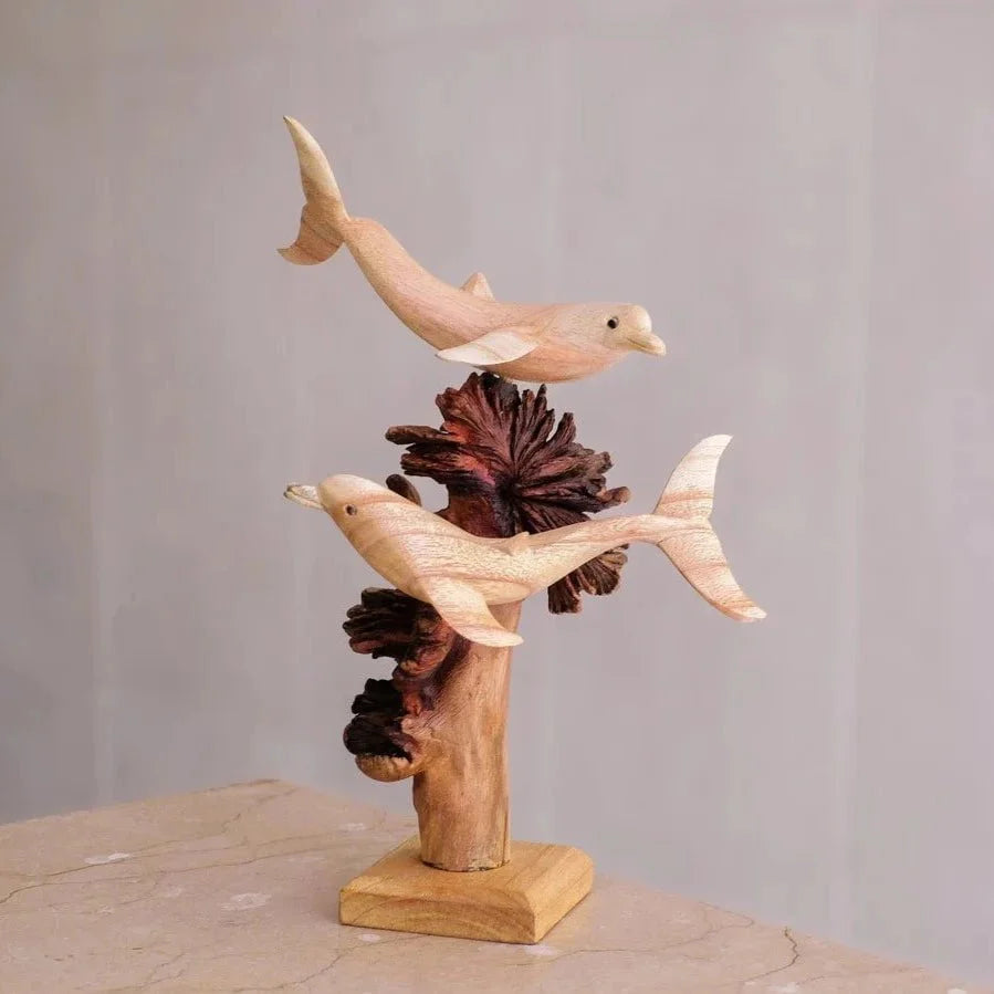 Wooden Dolphine Duo Sculpture