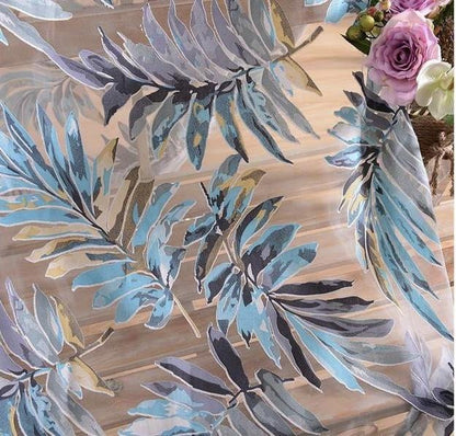 Tropical Leaves Blue Sheer Curtain