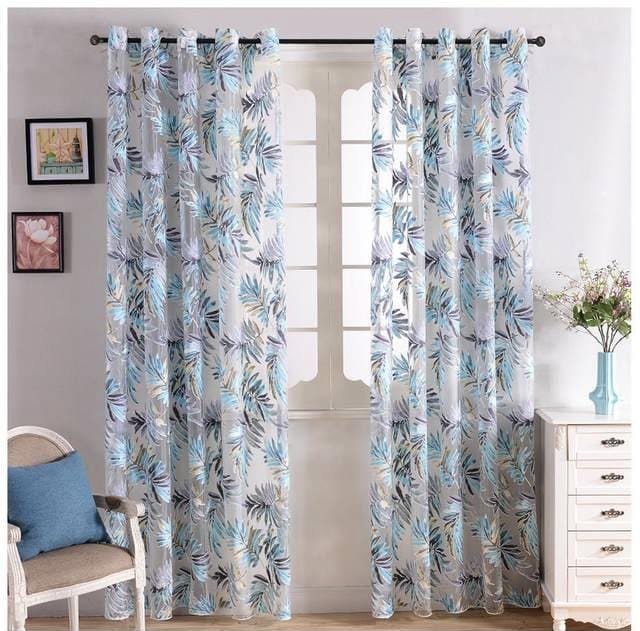 Tropical Leaves Blue Sheer Curtain