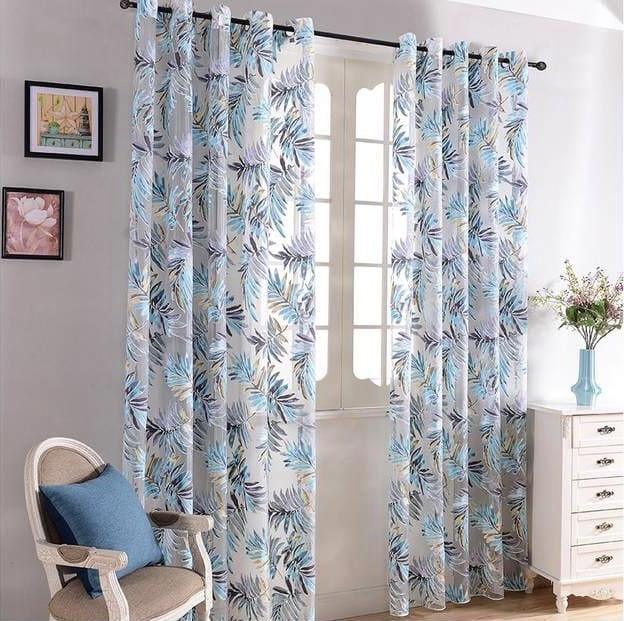 Tropical Leaves Blue Sheer Curtain