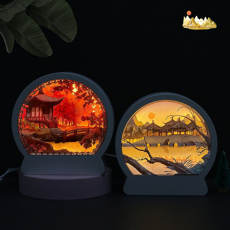 Landscape Painting Paper Carving Table Lamps Crafted Night Light