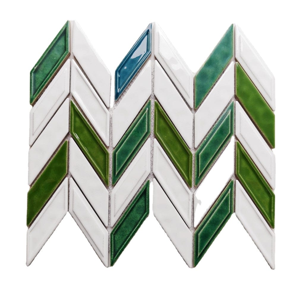 Bone White Green Herringbone Mosaic Tile