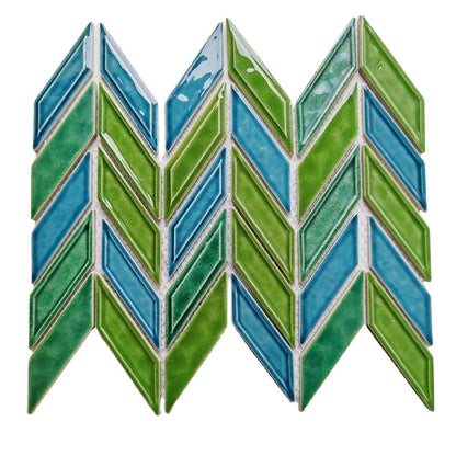 Emerald Green Blue Subway Herringbone Mosaic Tile