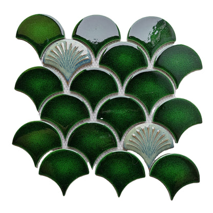 Green Patterned Fan Shaped Mosaic Tile