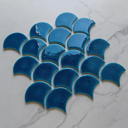 Blue Crackle Fan Shaped Mosaic Tile