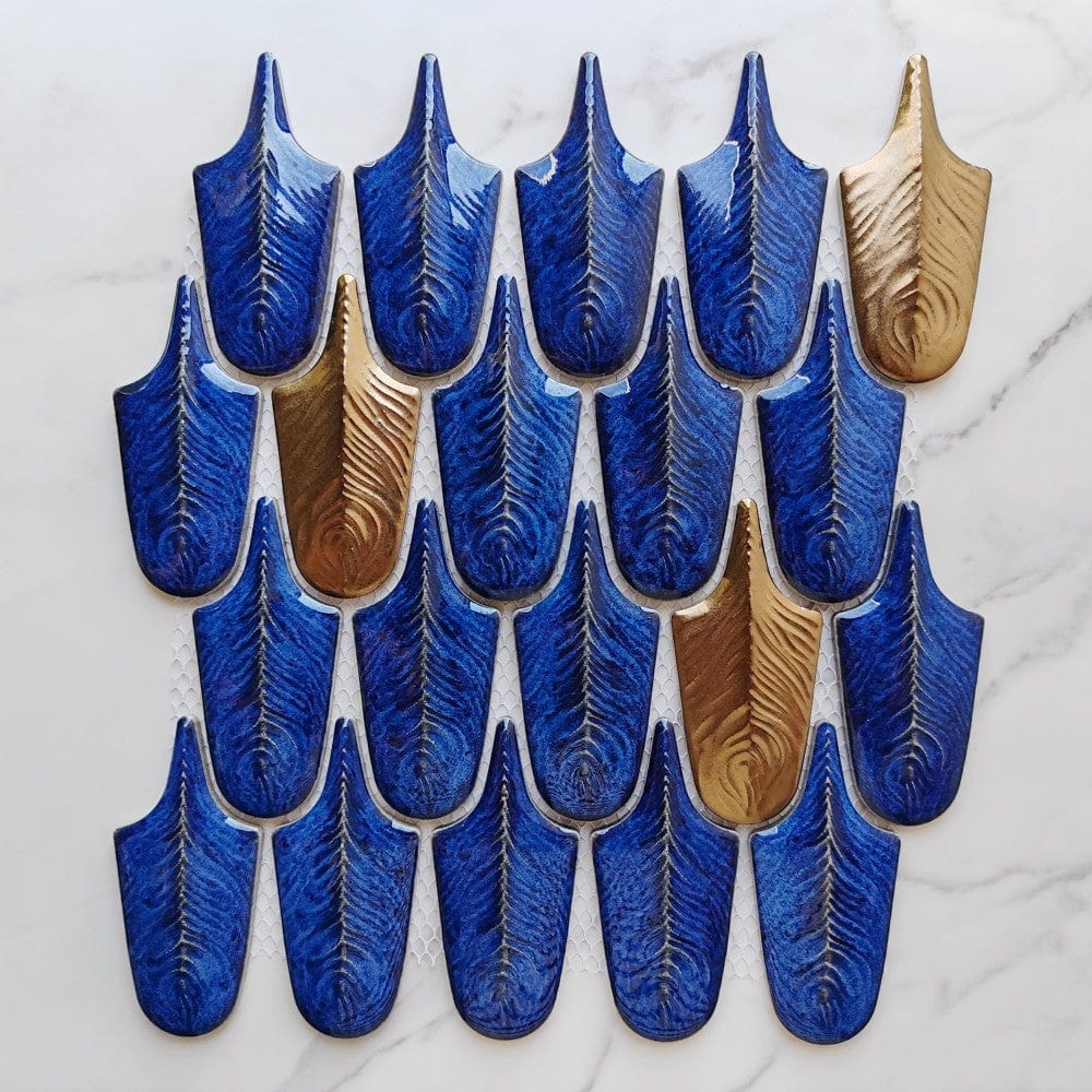 Bronze Blue Feather Mosaic Tile