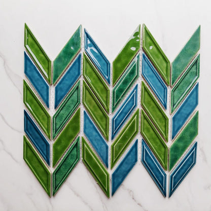 Emerald Green Blue Subway Herringbone Mosaic Tile