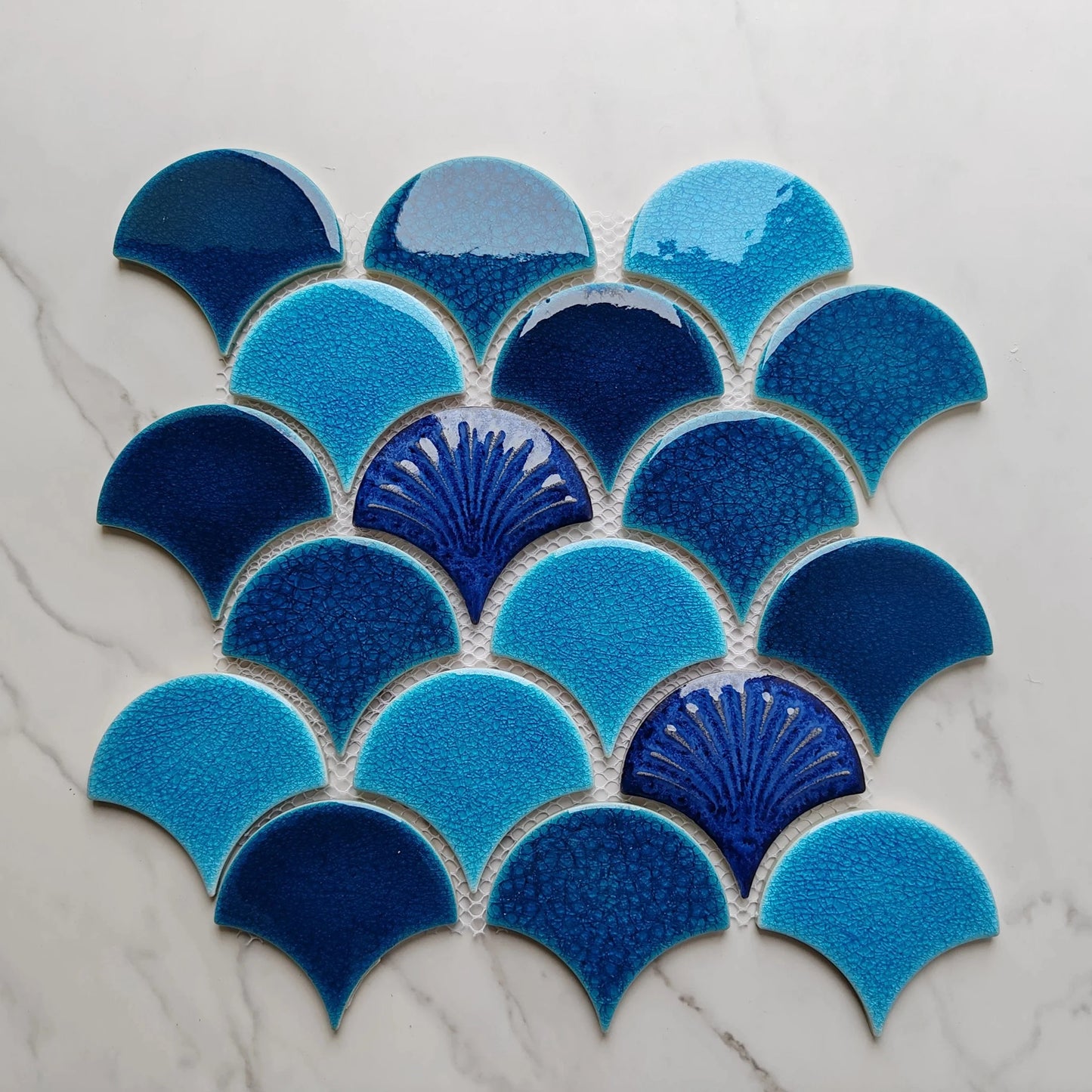 Blue Patterned Fan Shaped Mosaic Tile