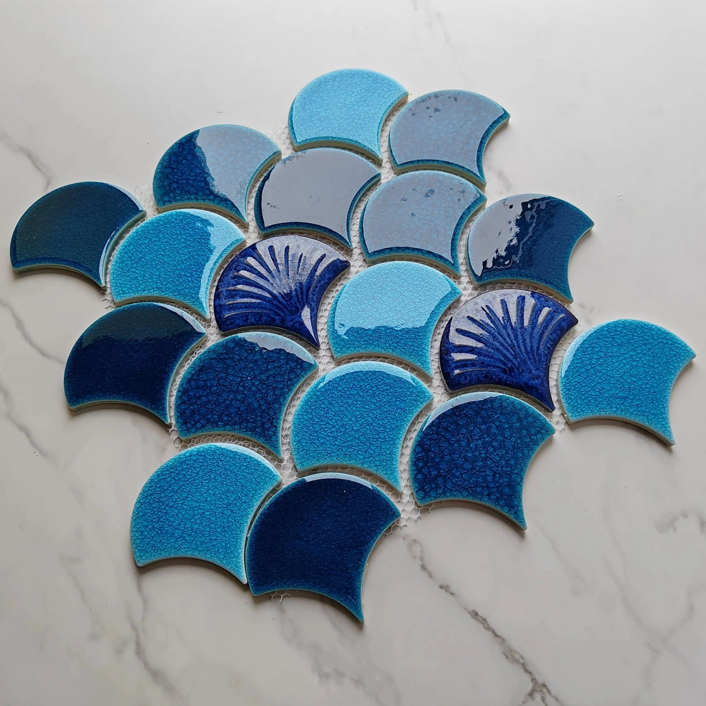 Blue Patterned Fan Shaped Mosaic Tile