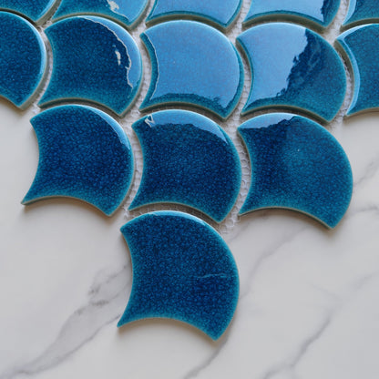 Blue Crackle Fan Shaped Mosaic Tile