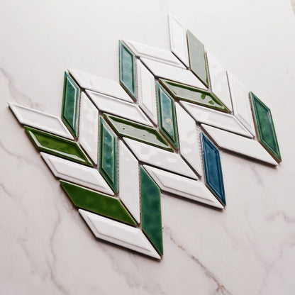 Bone White Green Herringbone Mosaic Tile