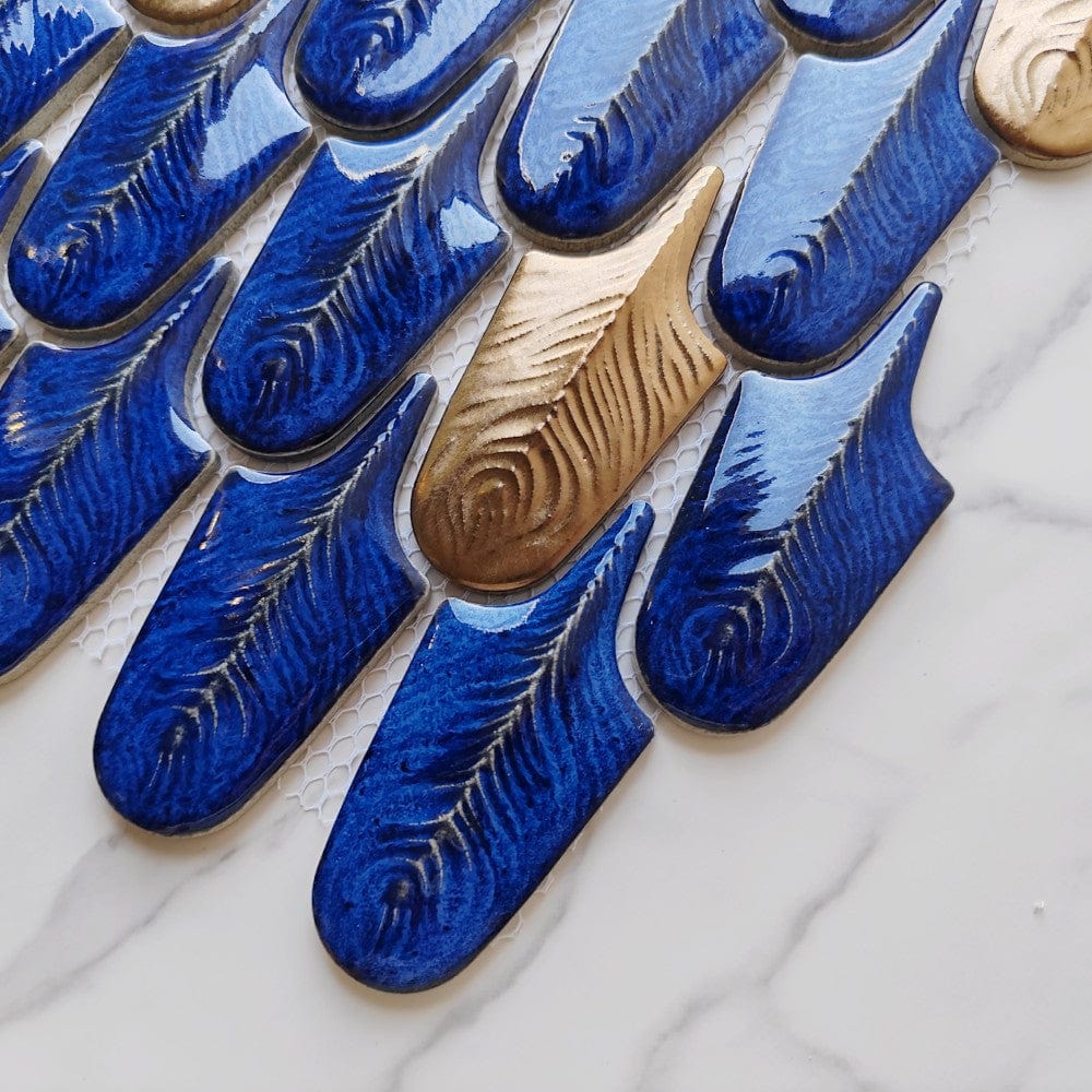 Bronze Blue Feather Mosaic Tile