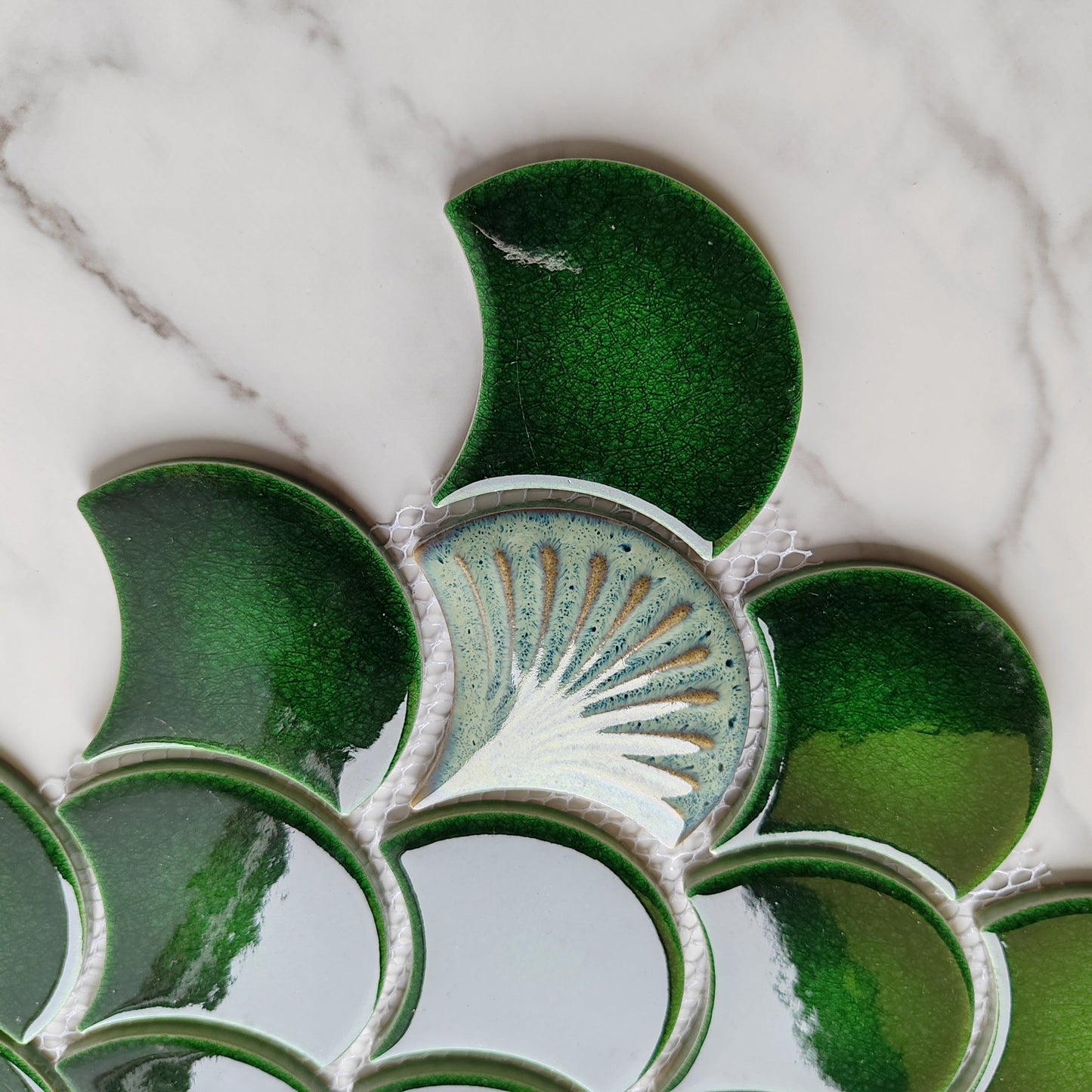 Green Patterned Fan Shaped Mosaic Tile