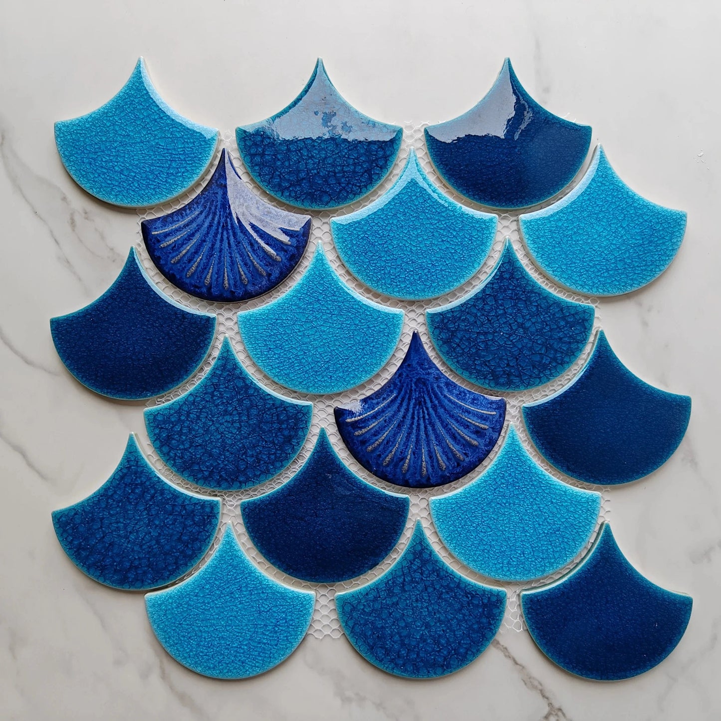 Blue Patterned Fan Shaped Mosaic Tile