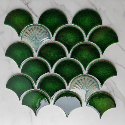 Green Patterned Fan Shaped Mosaic Tile