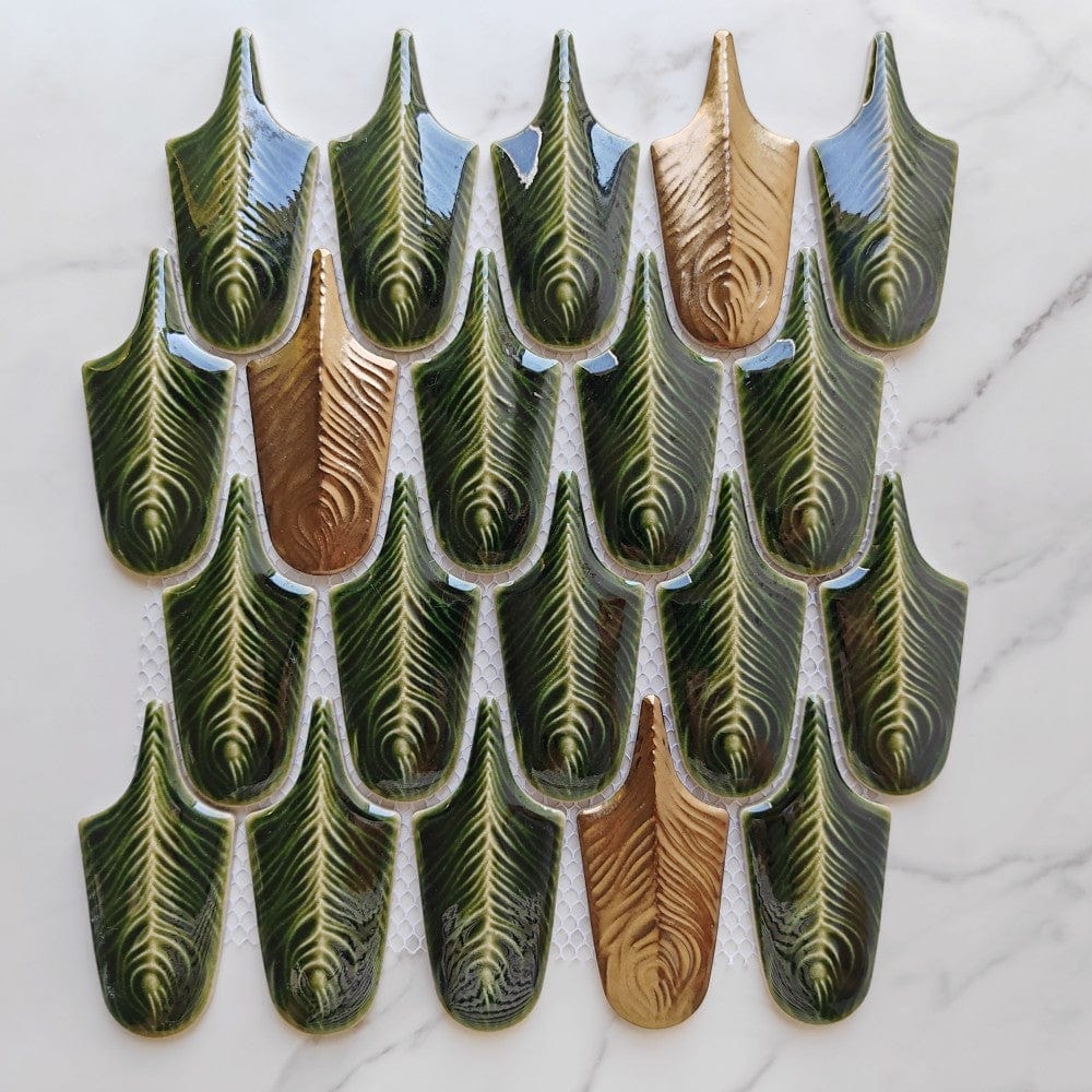 Blackish Green Feather Mosaic Tile