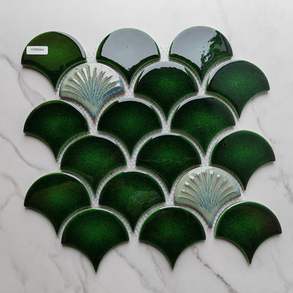 Green Patterned Fan Shaped Mosaic Tile