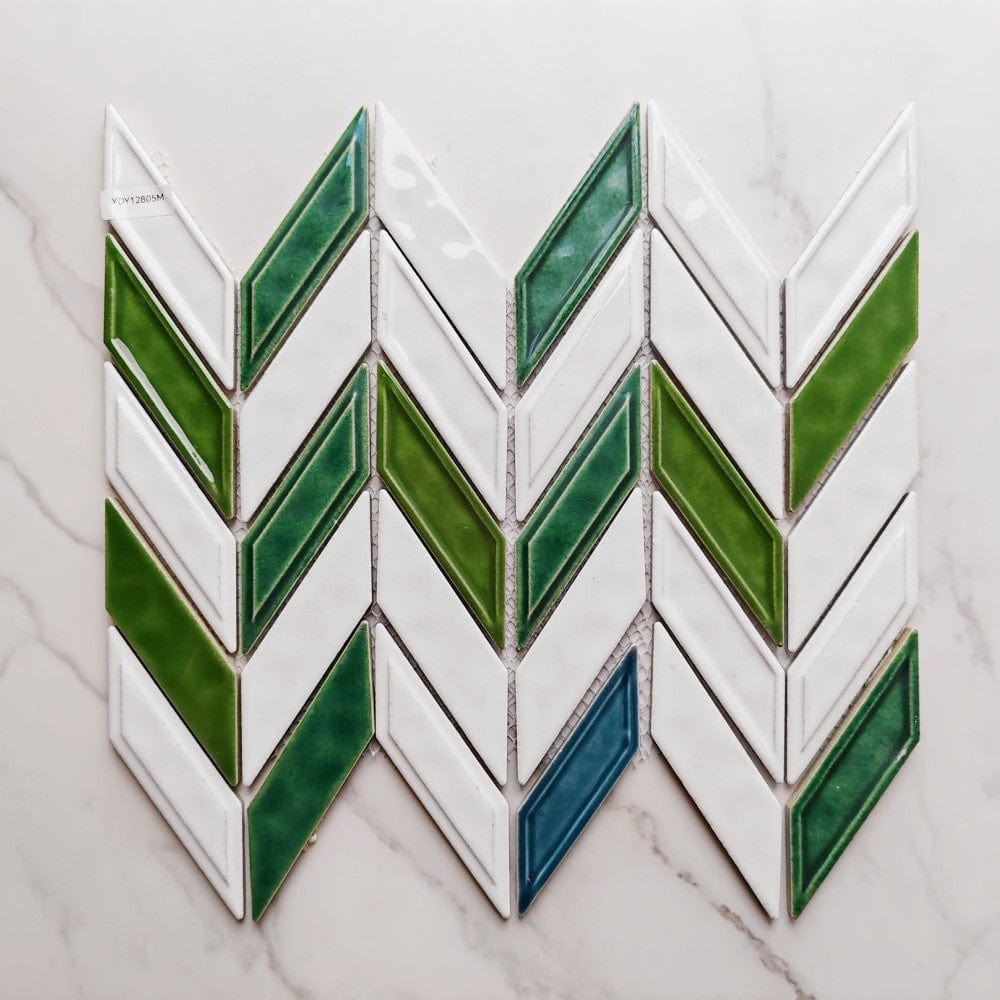 Bone White Green Herringbone Mosaic Tile