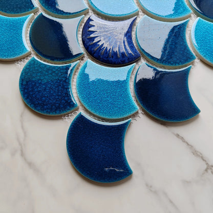 Blue Patterned Fan Shaped Mosaic Tile