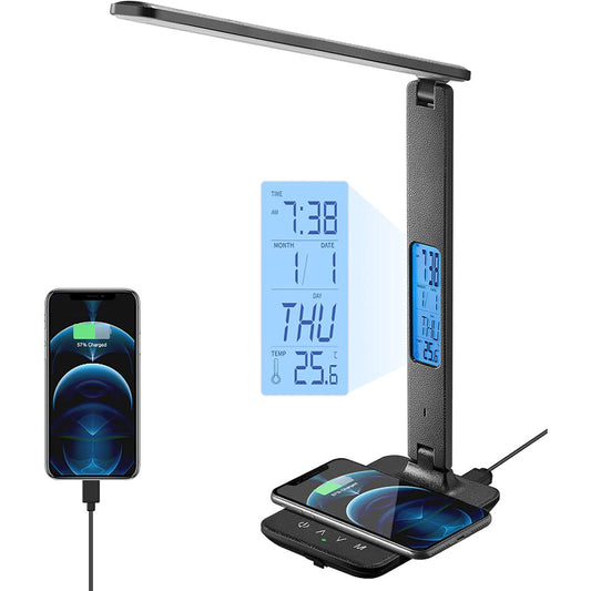 Desk Lamp, LED Desk Lamp With Wireless Charger, USB Charging Port, Table Lamp With Clock, Alarm, Date, Temperature, Office Lamp, Desk Lamps For Home Office
