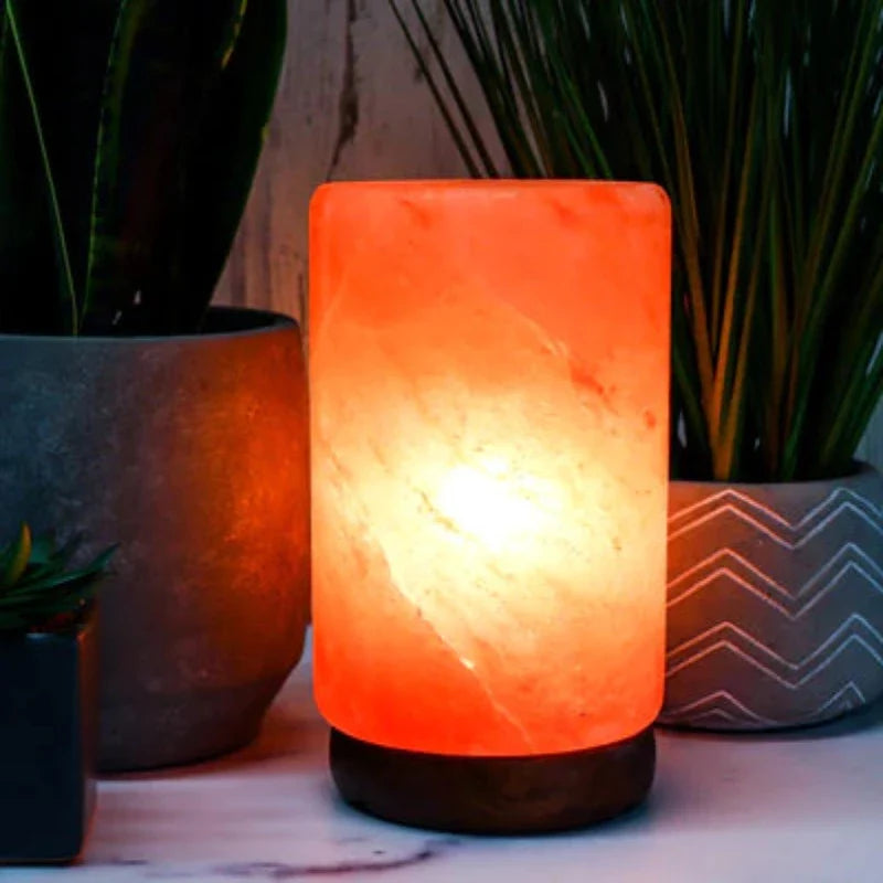 Cylindrical Himalayan Salt Lamp With Wooden Base