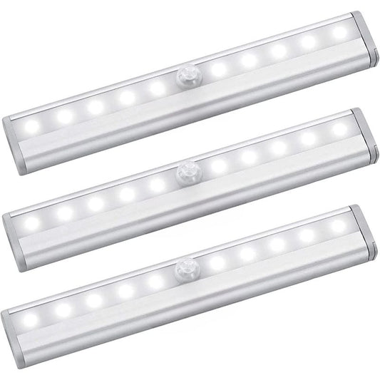 Motion Sensor LED Lights, 10 LED Battery Operated Motion Light, Stick-On Anywhere Magnetic Night Light Bar for Under Cabinet, Closet, Hallway, Stairway, Wardrobe, Kitchen, Vanity, 3 Pack